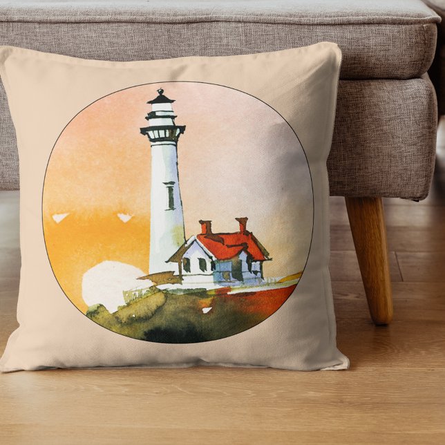 Watercolor Lighthouse Vignette Throw Pillow (Creator Uploaded)
