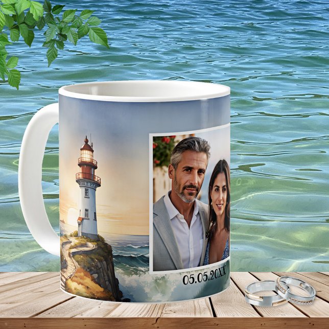 Watercolor Lighthouse Wedding Photo Mug (Wedding photo mug showing a watercolor painting of a lighthouse at sunset - wedding favor - keepsake)