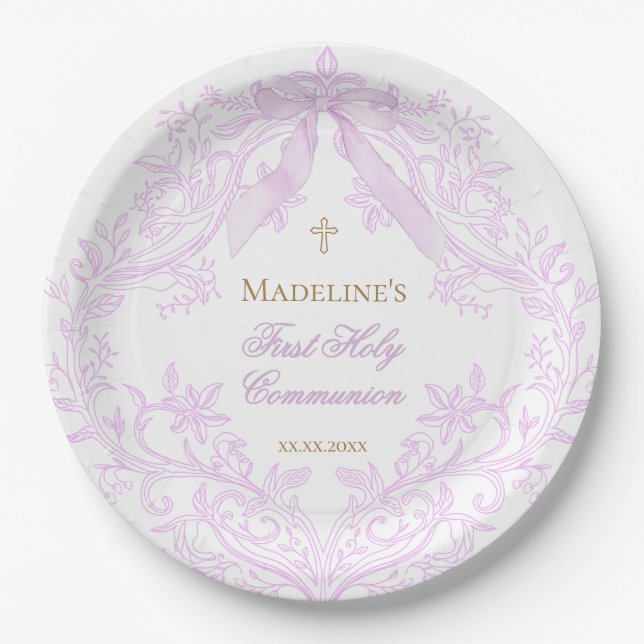 watercolor lilac crest First Holy Communion Paper Plate (Front)