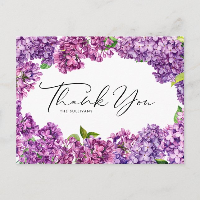 Watercolor Lilac Floral Frame Botanical Thank You Postcard (Front)