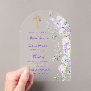 Watercolor Lilac Flowers Arch Religious Wedding Acrylic Invitations