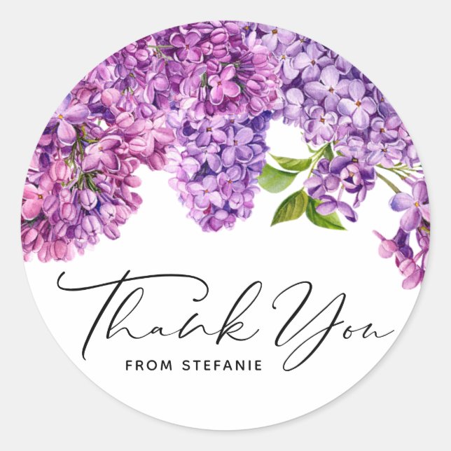 Watercolor Lilac Flowers Birthday Thank You Classic Round Sticker (Front)