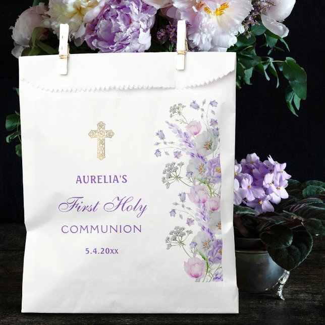 Watercolor Lilac Flowers First Communion Favour Bags (Creator Uploaded)