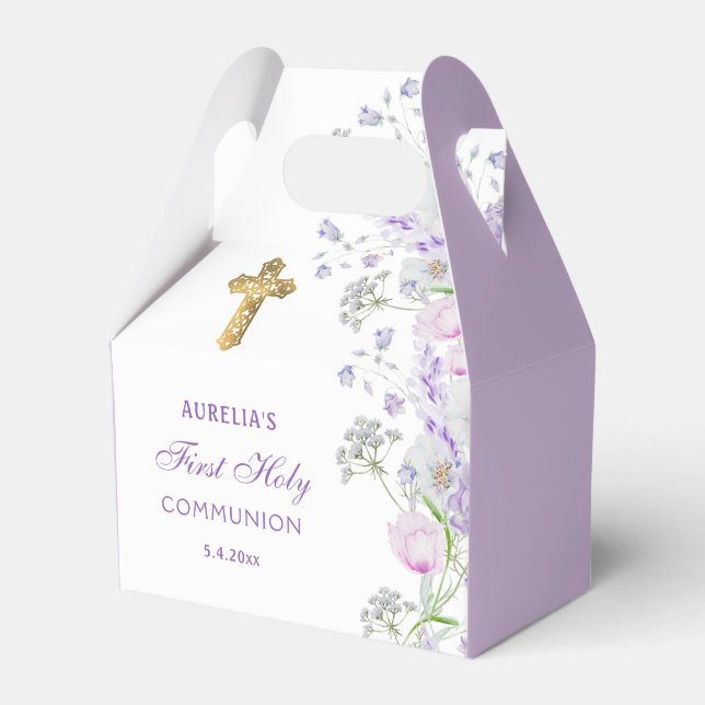 Watercolor Lilac Flowers First Communion Gable Favour Box (Front Side)