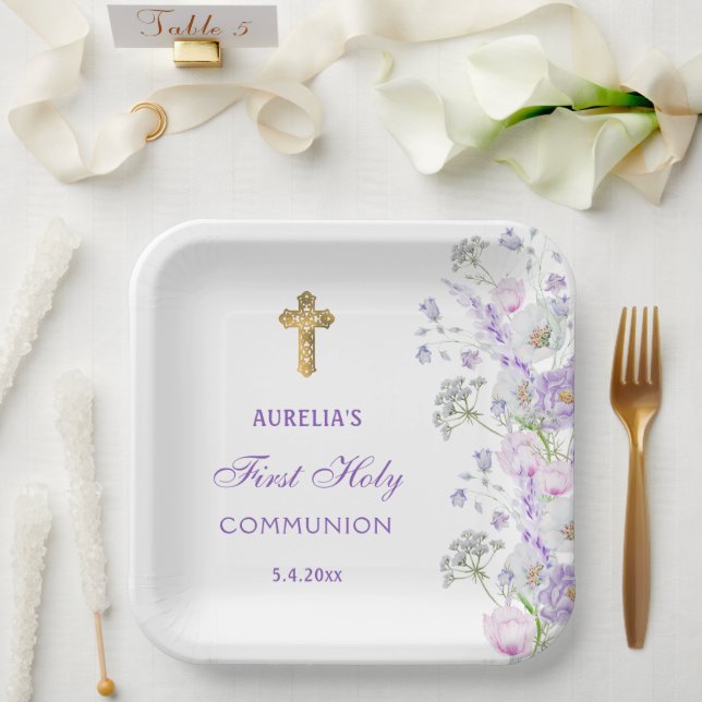 Watercolor Lilac Flowers First Communion Paper Plate (Wedding)