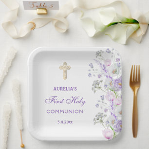 Watercolor Lilac Flowers First Communion Paper Plate
