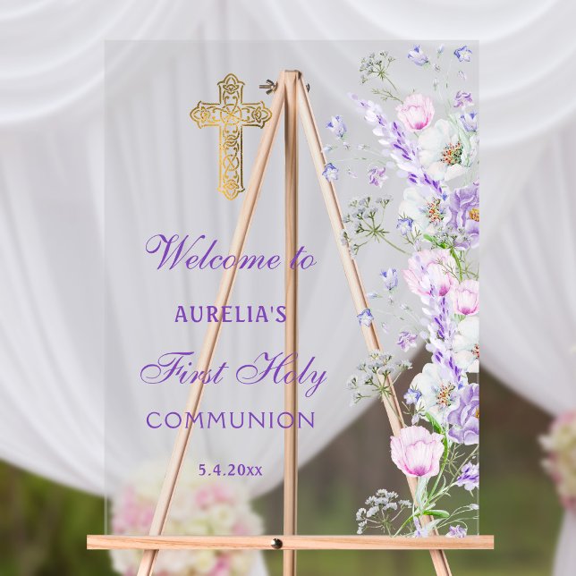 Watercolor Lilac Flowers First Communion Welcome Acrylic Sign (Creator Uploaded)