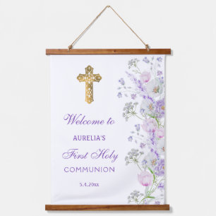 Watercolor Lilac Flowers First Communion Welcome Hanging Tapestry