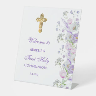 Watercolor Lilac Flowers First Communion Welcome Pedestal Sign