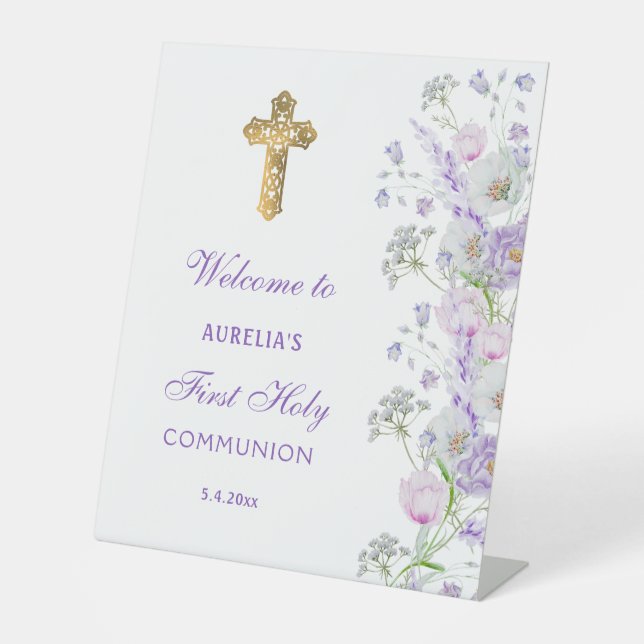 Watercolor Lilac Flowers First Communion Welcome Pedestal Sign (Front)