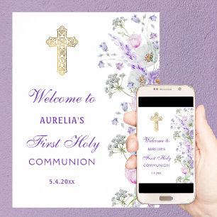 Watercolor Lilac Flowers First Communion Welcome Poster