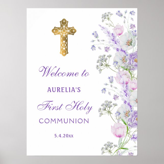 Watercolor Lilac Flowers First Communion Welcome Poster (Front)