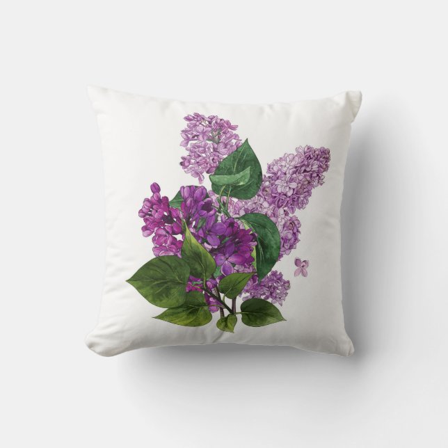 Watercolor Lilac Flowers in Purple Mauve Floral Cushion (Front)