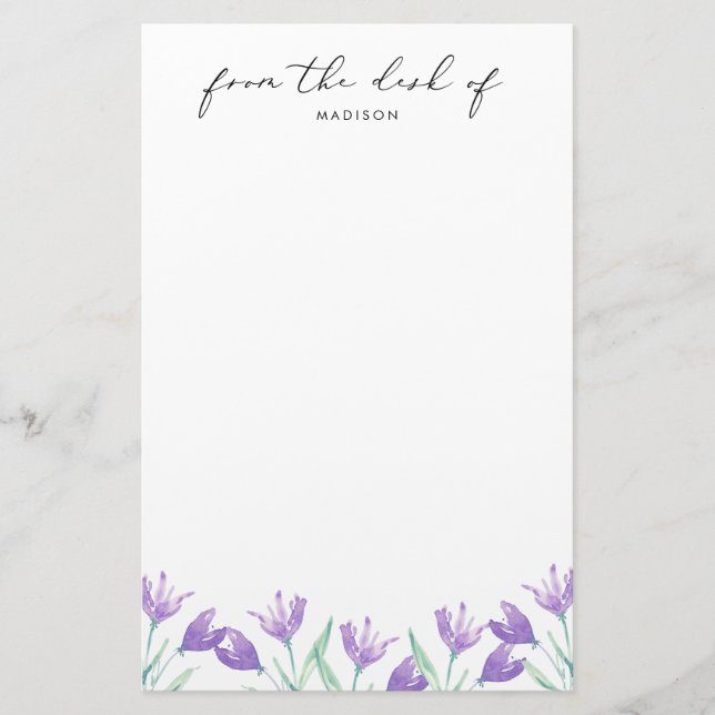 Watercolor Lilac Flowers Personalised Stationery (Front)