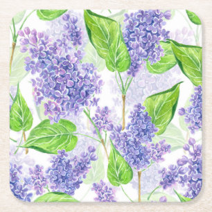 Watercolor lilac flowers square paper coaster