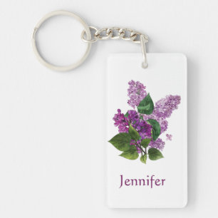 Watercolor Lilac Garden Flower Custom Name Key Ring