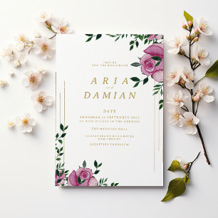 Watercolor lilac green gold floral Wedding Invitation