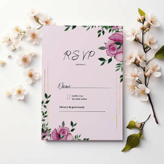 Watercolor lilac green gold rose floral RSVP Invitation