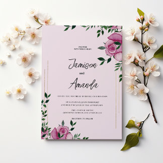 Watercolor lilac green gold rose floral Wedding Invitation