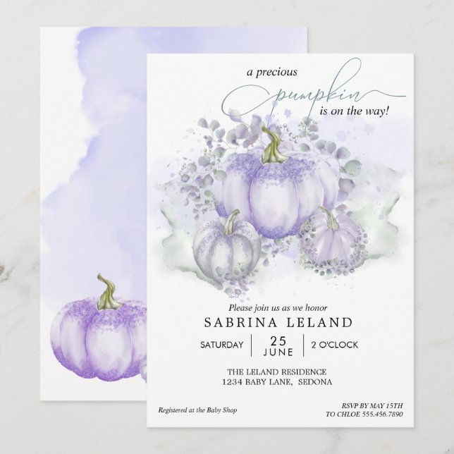 Watercolor Lilac Little Pumpkin Baby Shower Invitation (Front/Back)