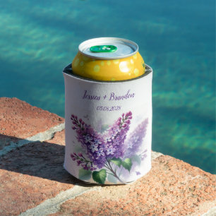 Watercolor Lilac Purple Floral Monogram Can Cooler