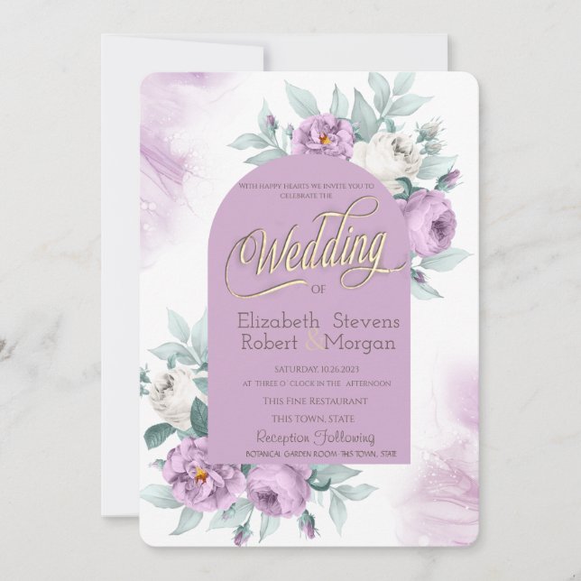 Watercolor Lilac Roses Polka Dots Wedding Invitation (Front)