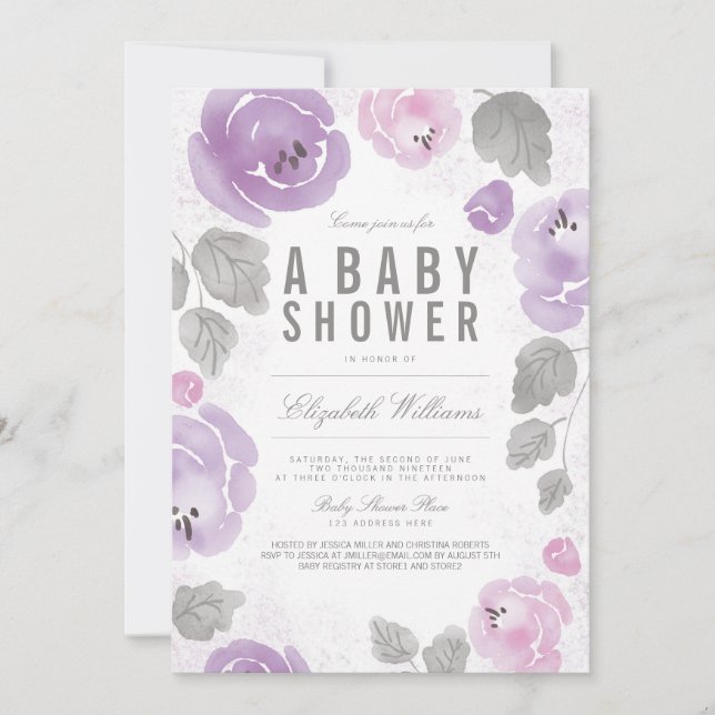 Watercolor Lilac Roses Romantic Baby Shower Invite (Front)