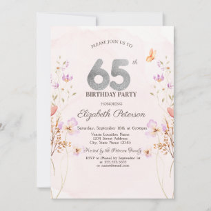 Watercolor Lilac Wildflowers Purple 65th Birthday Invitation