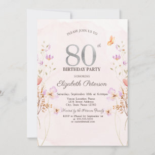 Watercolor Lilac Wildflowers Purple 80th Birthday Invitation