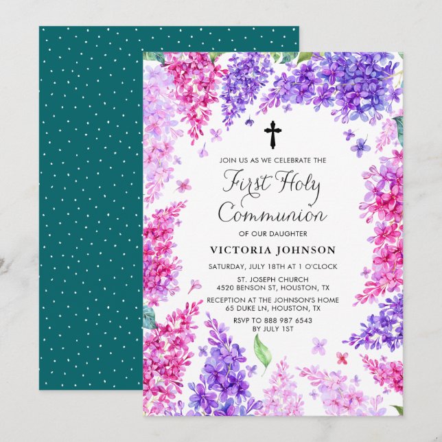 Watercolor Lilac Wreath First Holy Communion Invitation (Front/Back)