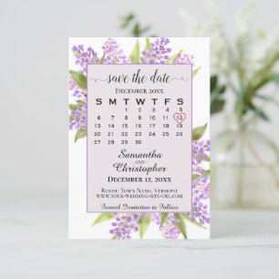 Watercolor Lilacs & Calendar Lavender Boho Wedding Save The Date