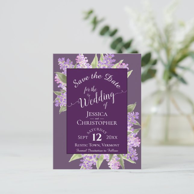 Watercolor Lilacs Wedding Save the Date Purple Announcement Postcard (Standing Front)