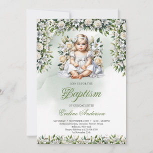 Watercolor lilies and roses girl Baptism Invitation