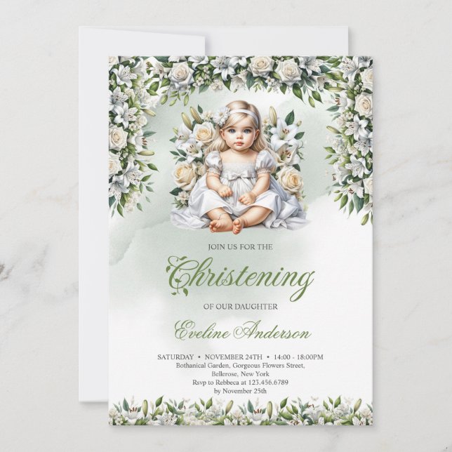 Watercolor lilies and roses girl Christening Invitation (Front)