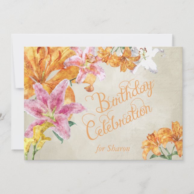 Watercolor Lilies Custom Birthday Invite (Front)