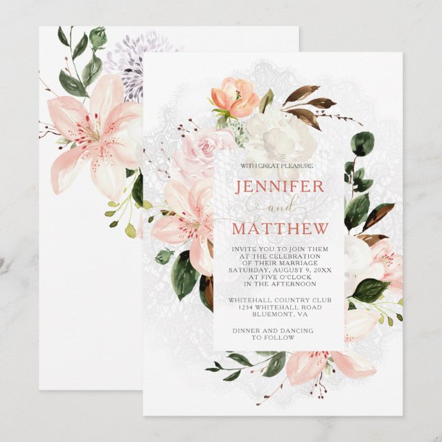 Watercolor Lilies, Roses, Peonies, Magnolias Invitation (Front/Back)