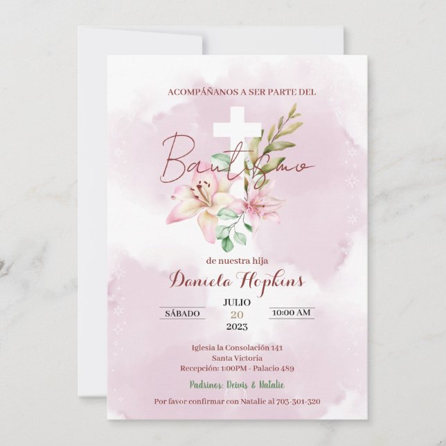 Watercolor lily baptism invitation (Front)