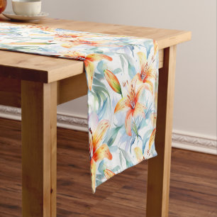 Watercolor Lily Floral Pattern Short Table Runner