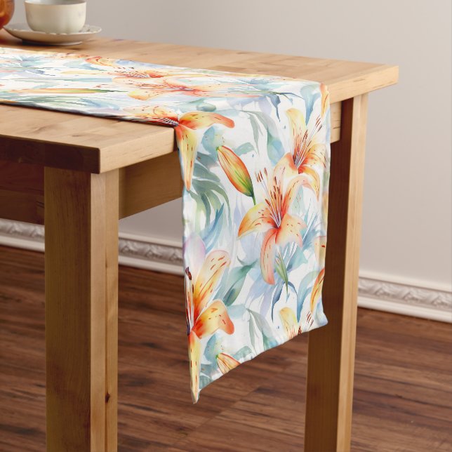 Watercolor Lily Floral Pattern Short Table Runner (In Situ)