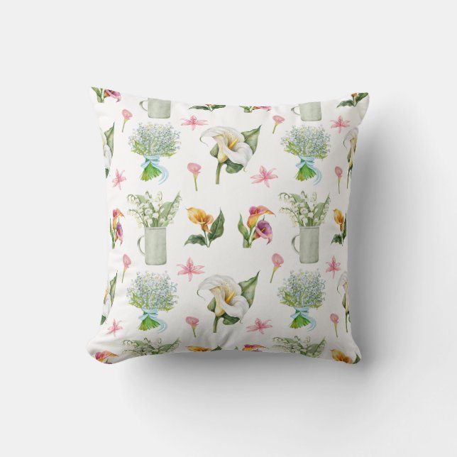 Watercolor Lily Print Pattern Cushion (Front)