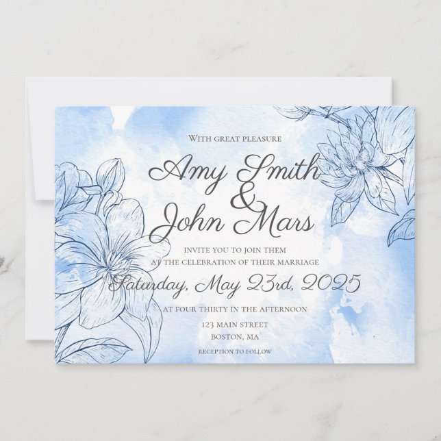 Watercolor Lily's in Blue Invitation (Front)