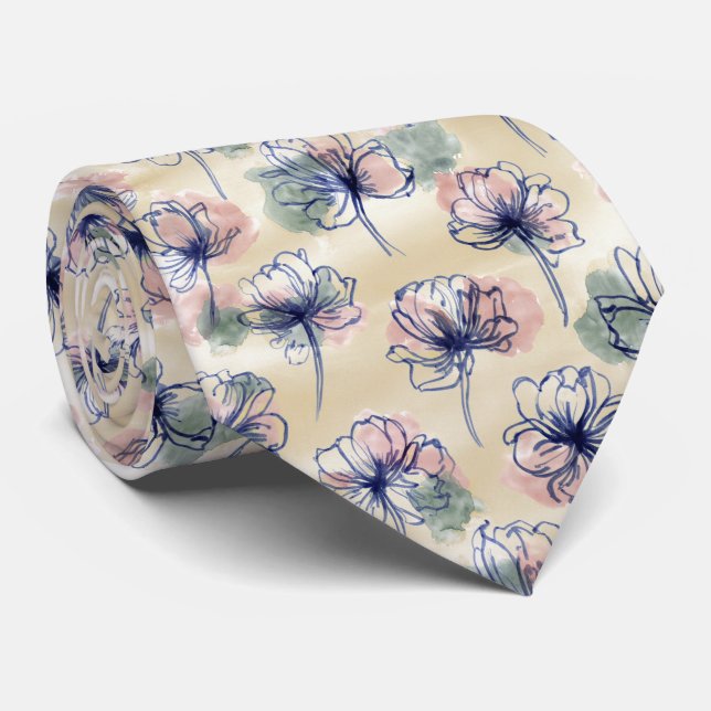 Watercolor Line Floral Pattern Tie (Rolled)