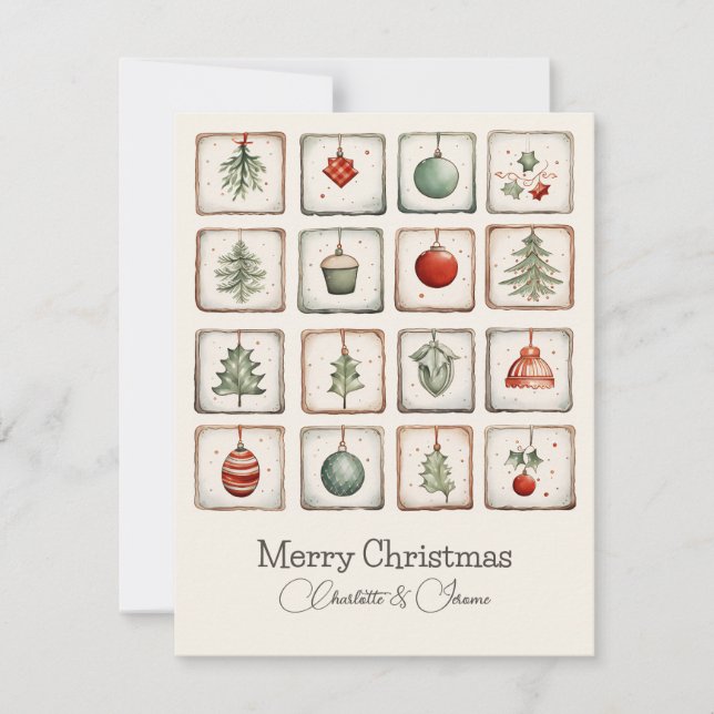Watercolor Lineart Christmas Pattern Holiday Card (Front)