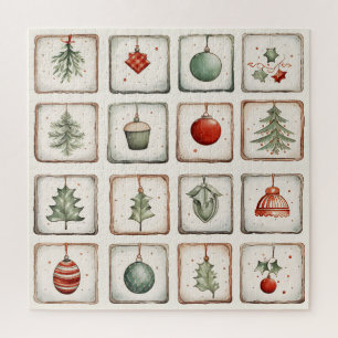 Watercolor Lineart Christmas Pattern Jigsaw Puzzle