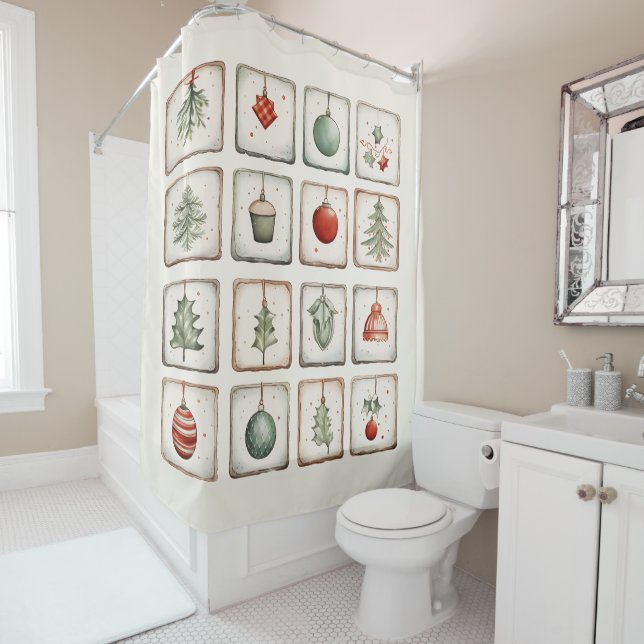Watercolor Lineart Christmas Pattern Shower Curtain (In Situ)