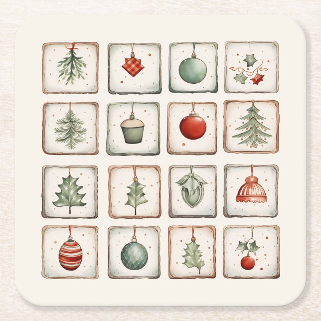 Watercolor Lineart Christmas Pattern Square Paper Coaster (Front)