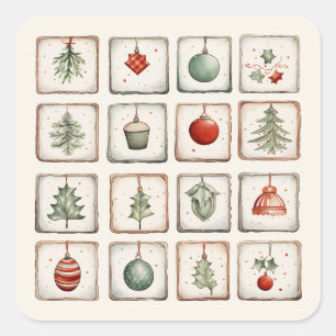 Watercolor Lineart Christmas Pattern Square Sticker