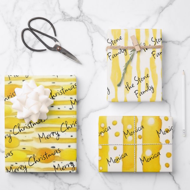 watercolor lines stripes aesthetic custom yellow wrapping paper sheet (Front)