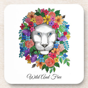 Watercolor Lion And Rainbow Flowers Coaster