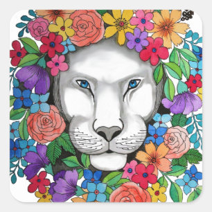 Watercolor Lion And Rainbow Flowers Square Sticker